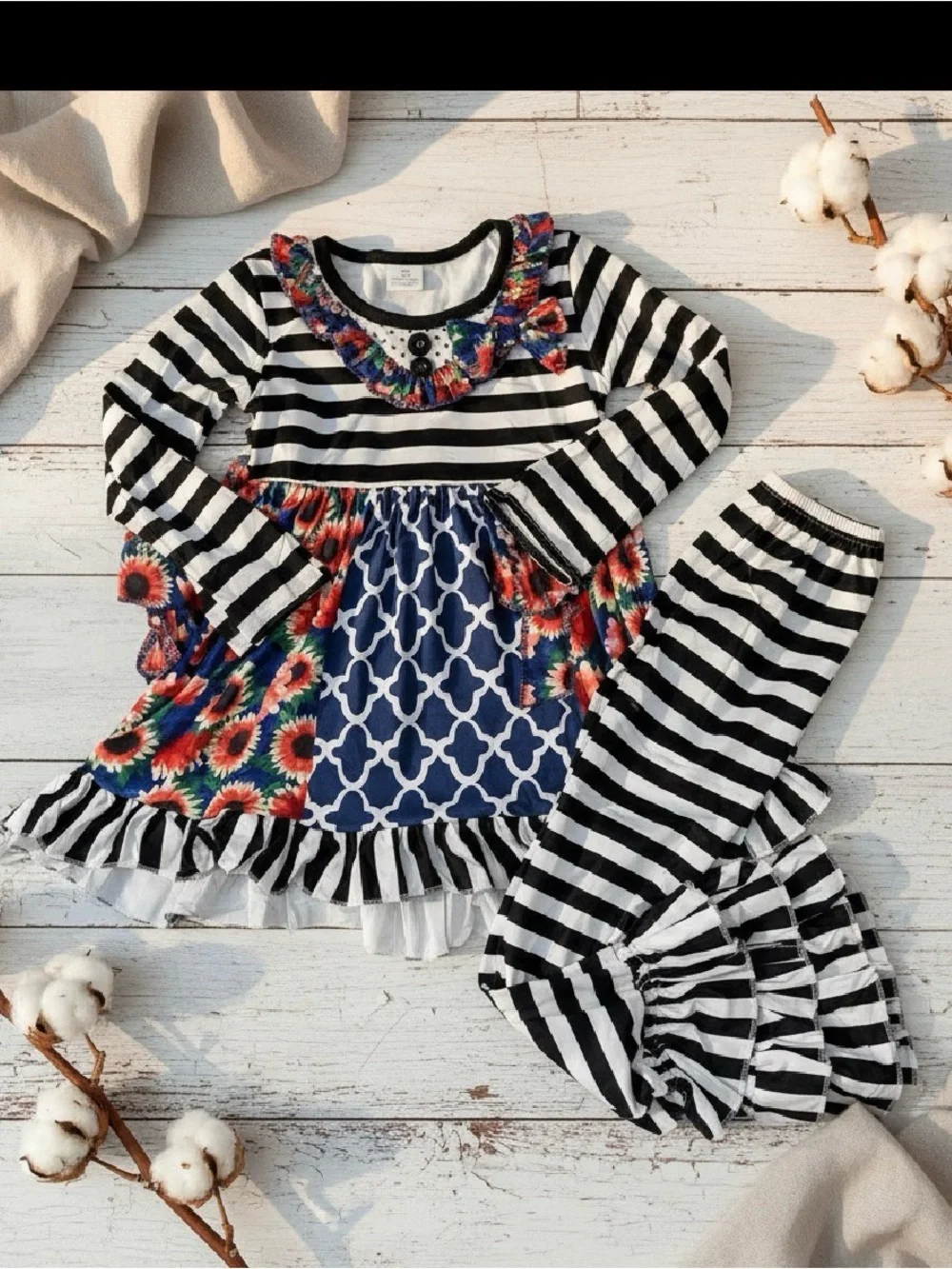 Black & White Striped Floral Patchwork Girls' Dress Set
